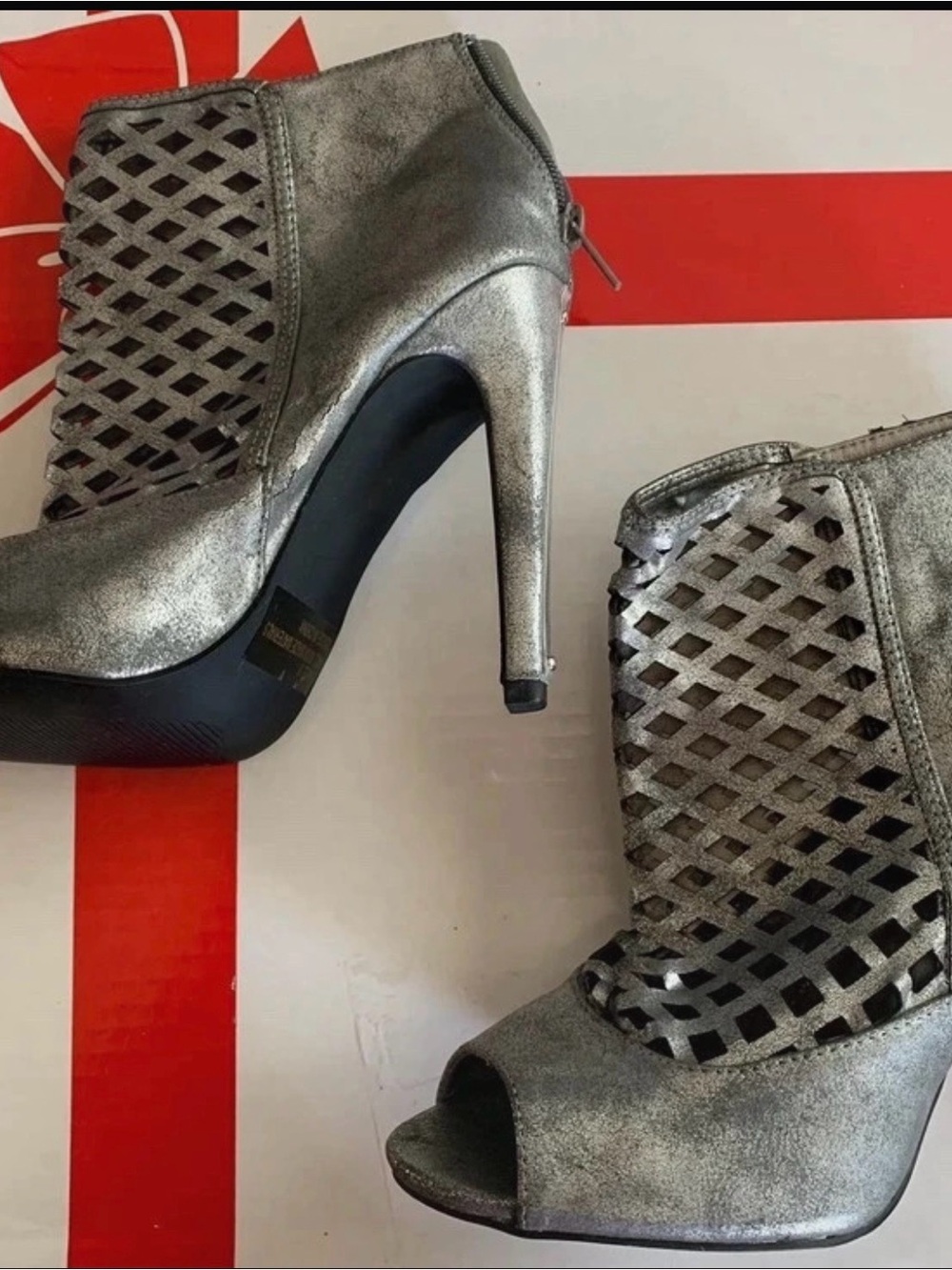 FRH Metallic Silver Peep-Toe Lattice High Heel Booties